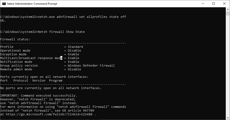 Command to turn on Windows Defender Firewall