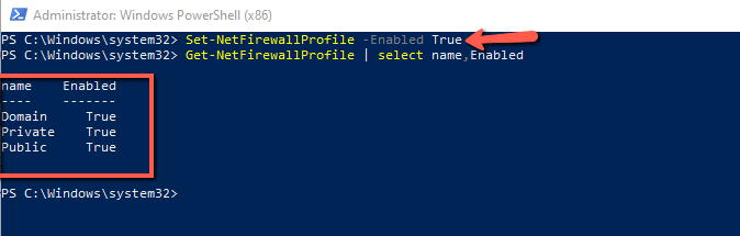 Powershell command to turn on Windows Defender Firewall
