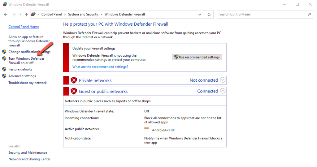 option to Turn on Windows Defender Firewall