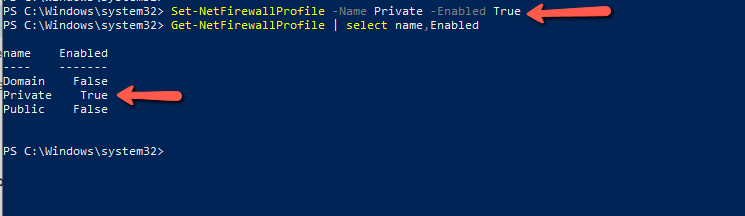 Powershell command to turn on Windows Defender Firewall